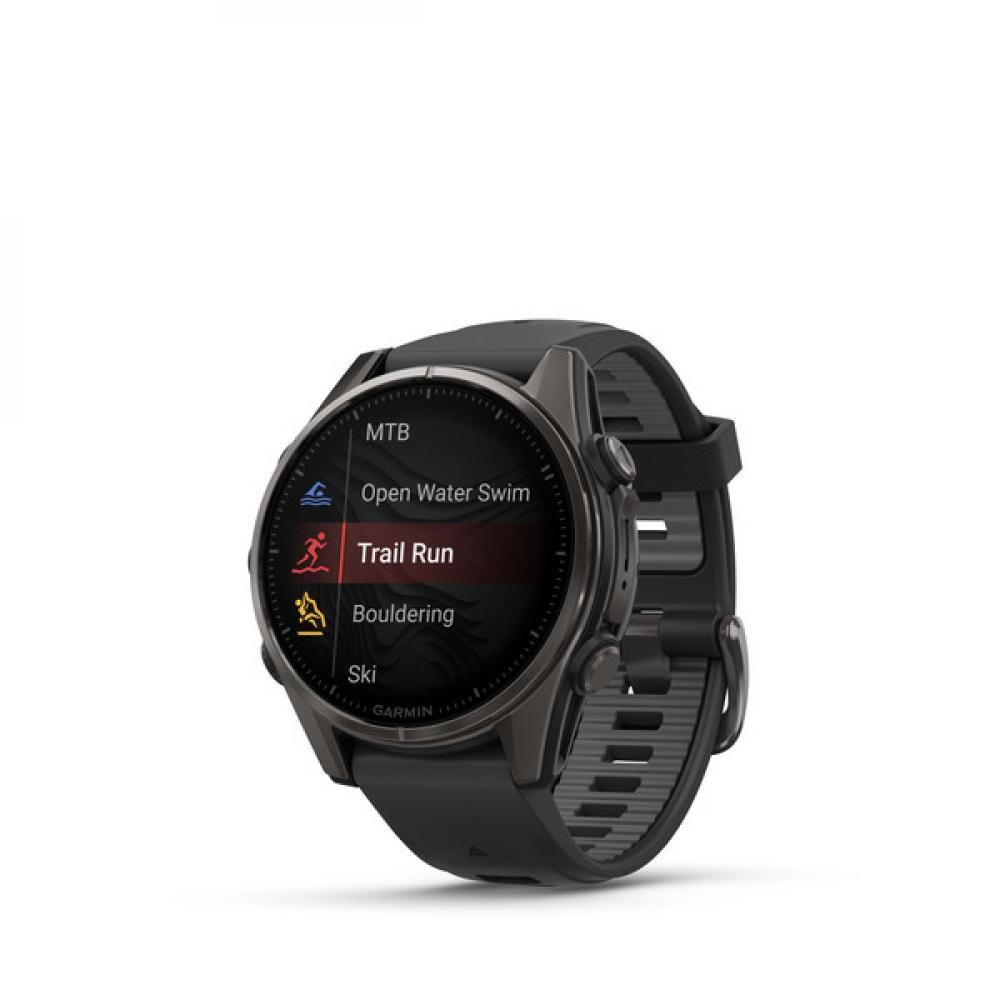 Умные смарт-часы Garmin Fenix 8, 43 mm, NFC, GPS, Sapphire Carbon Gray DLC Titanium Black/Pebble Gray Silicone