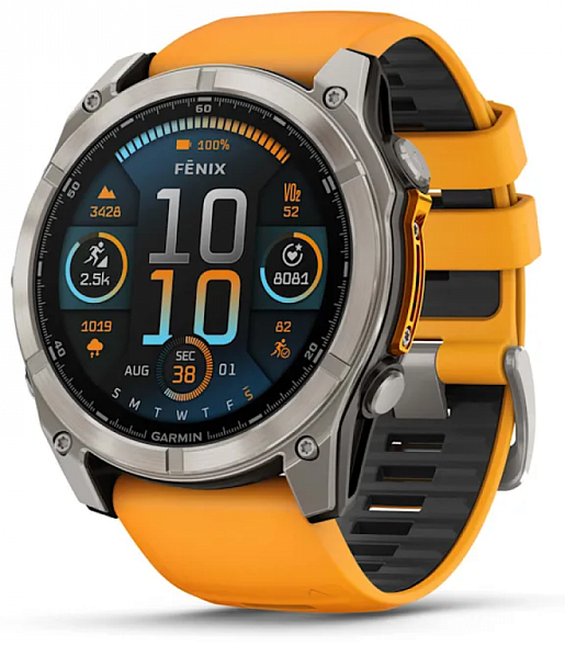 Умные смарт-часы Garmin Fenix 8, 47 mm, NFC, GPS, Sapphire Titanium With A Spark Orange/Graphite Silicone Band
