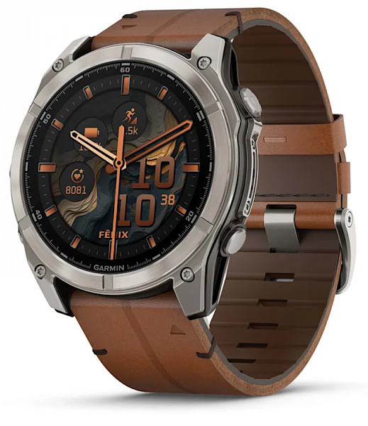 Умные смарт-часы Garmin Fenix 8, 47 mm, NFC, GPS,  Sapphire Bare Titanium Black With A Chestnut Leather Band Plus A Graphite Silicone Band